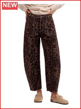 High Rise Barrel Wide Leg Frayed Hem Cheetah Print Jeans